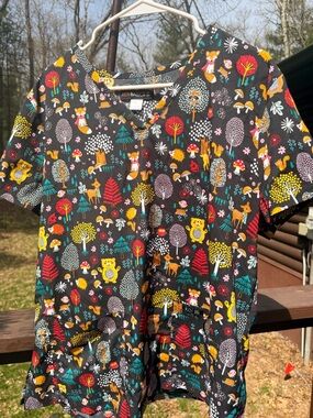 Koi Basics Forest Animals Print Scrub Top - Black Background